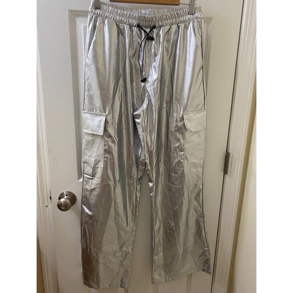 ROMWE Grunge Punk Men's Drawstring Belt Pu Leather Utility Cargo Pants SILVER - Picture 5 of 16